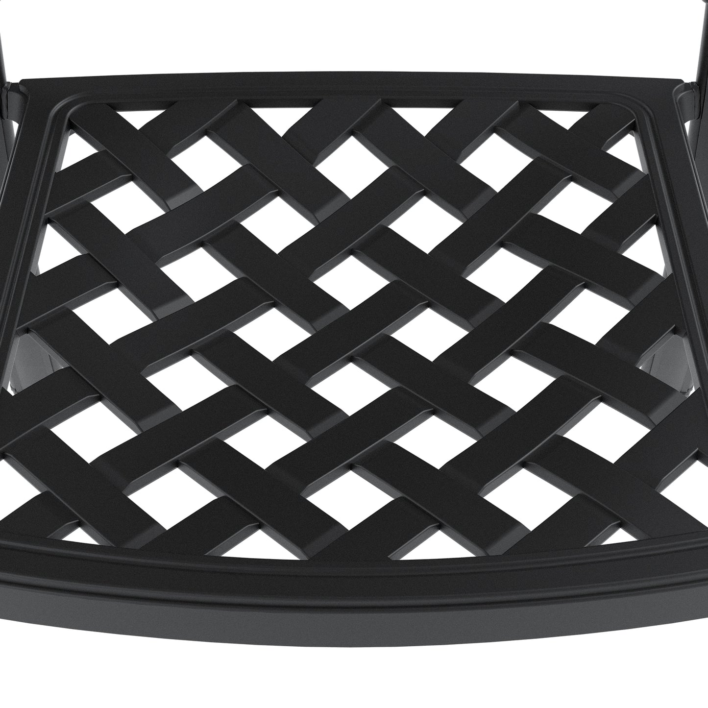 Closeup of a black metal chair seat with a woven lattice design