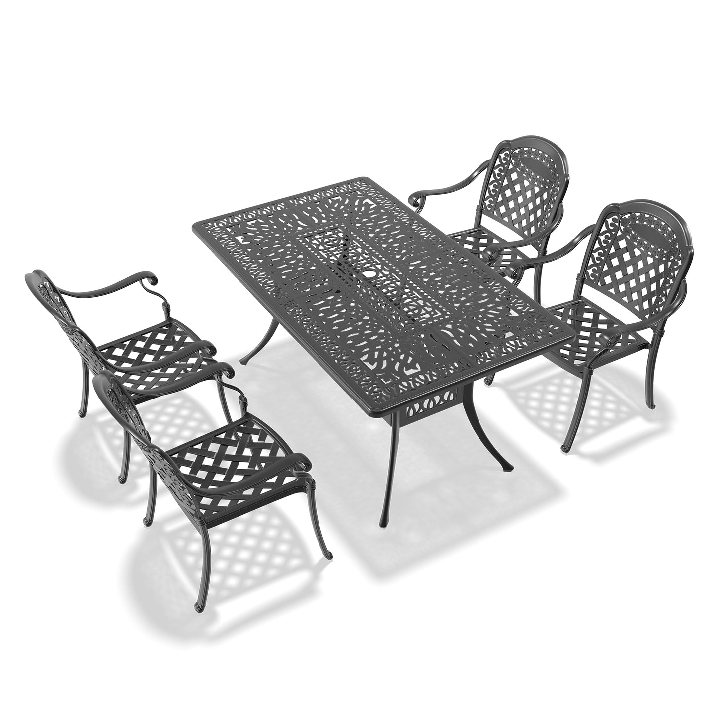 Ornate dark grey cast iron patio dining set with four chairs and a rectangular table
