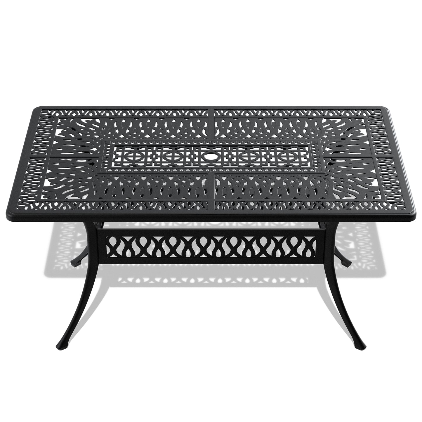 Black ornate cast aluminum patio dining table with intricate cutout design