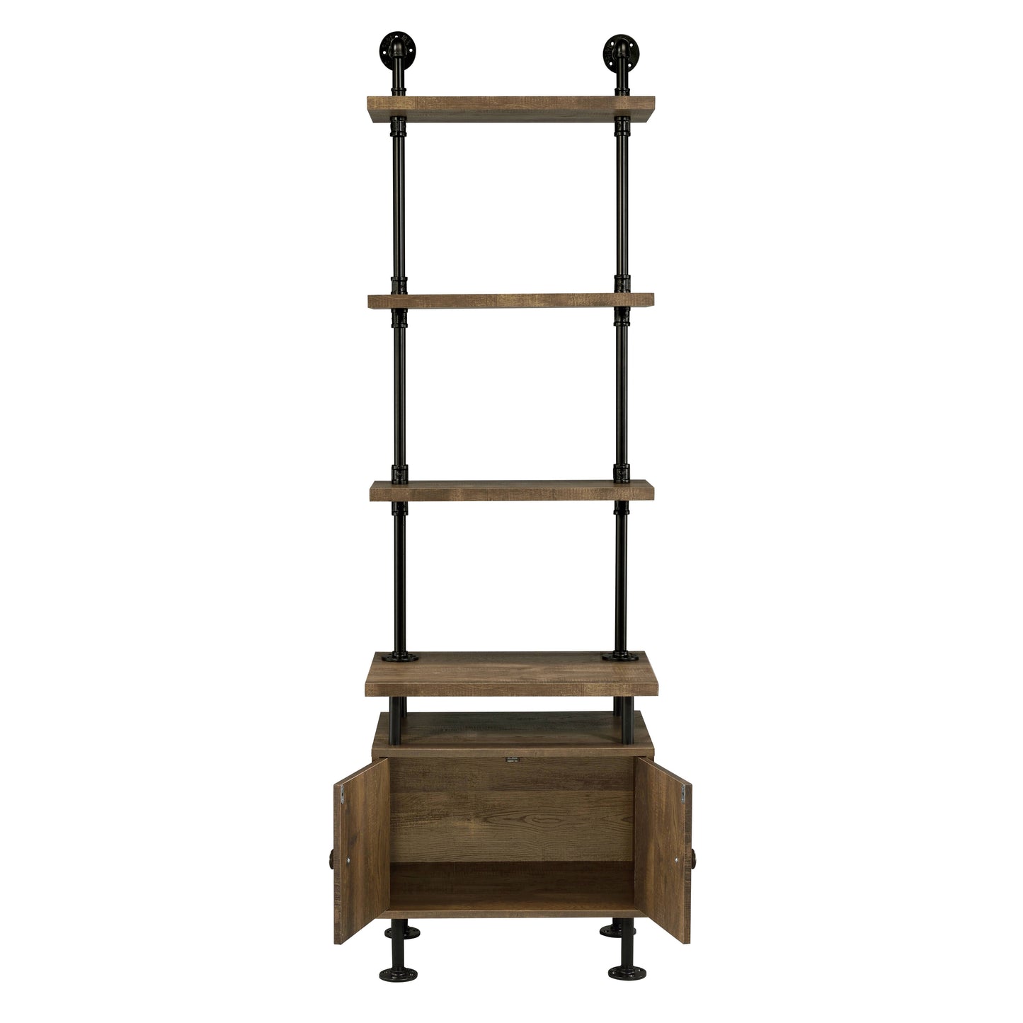 Industrial pipe bookshelf with dark wood shelves and a bottom cabinet characters