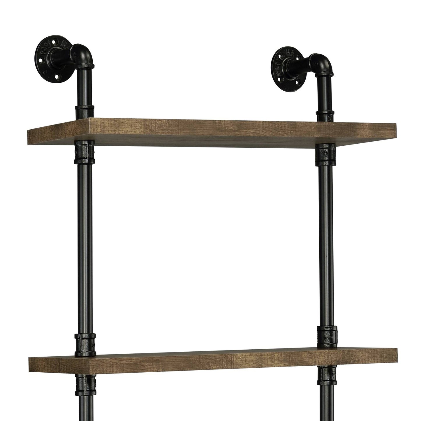 Industrial pipe shelf with weathered wood planks for rustic home decor