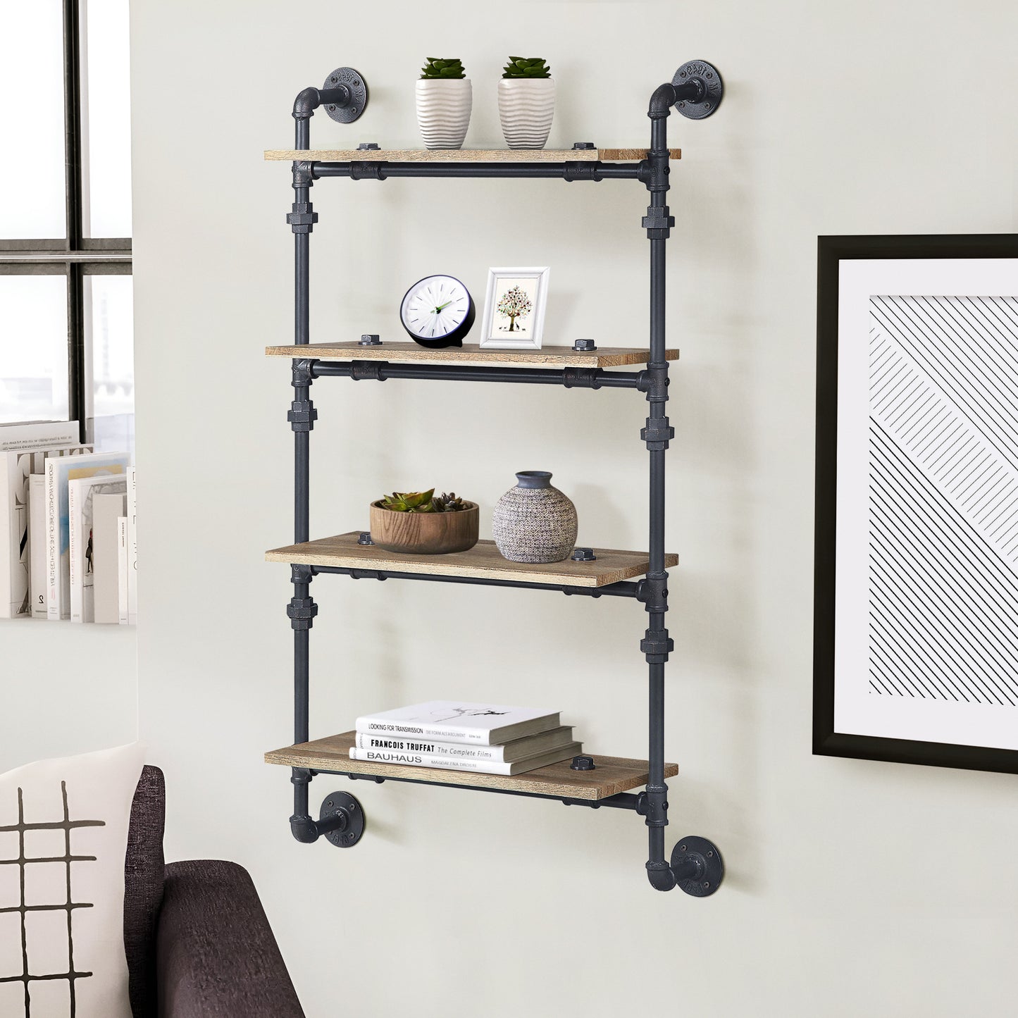 Industrial pipe shelf with wood shelves perfect for home decor accents