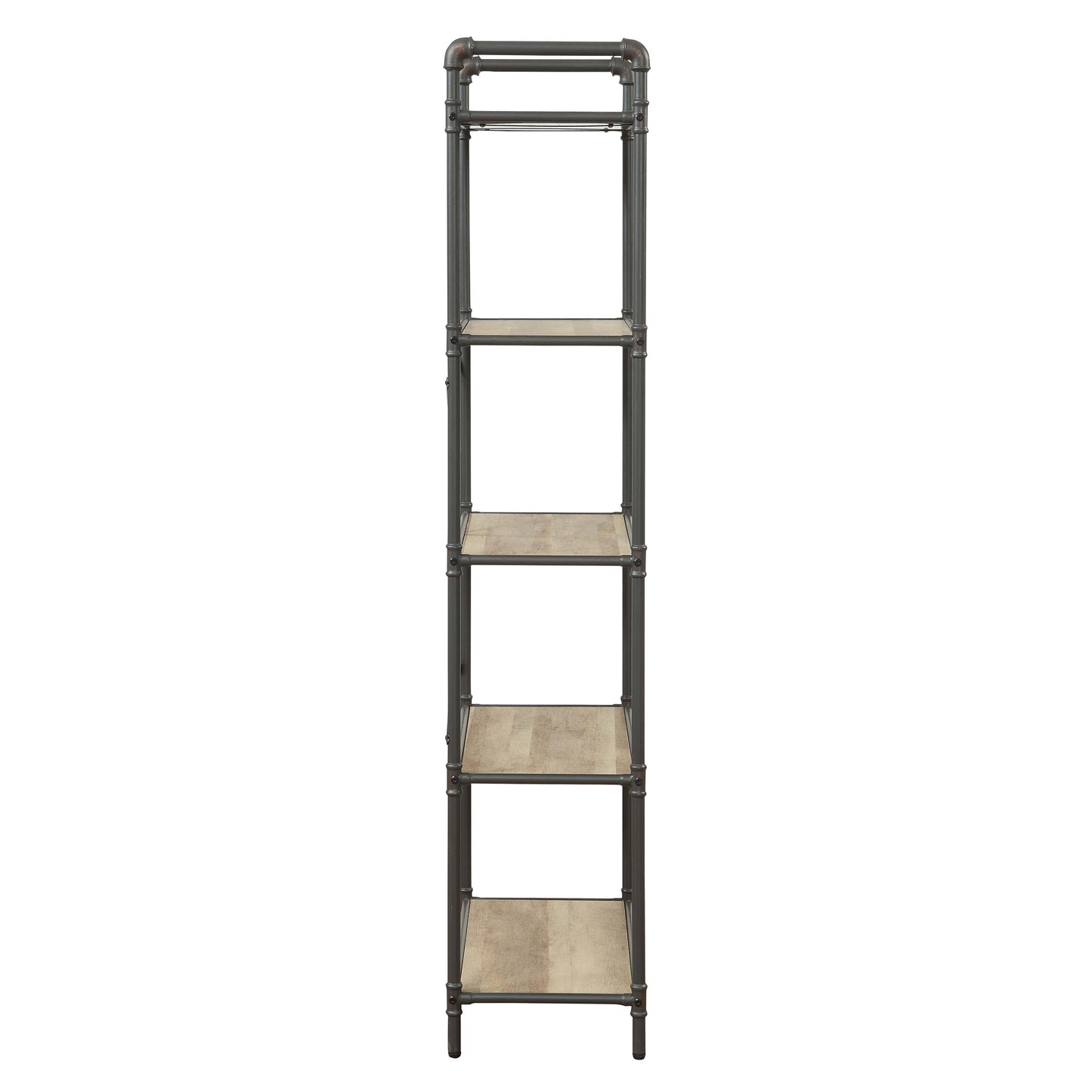 Industrial pipe bookshelf with five light wood shelves and dark metal frame