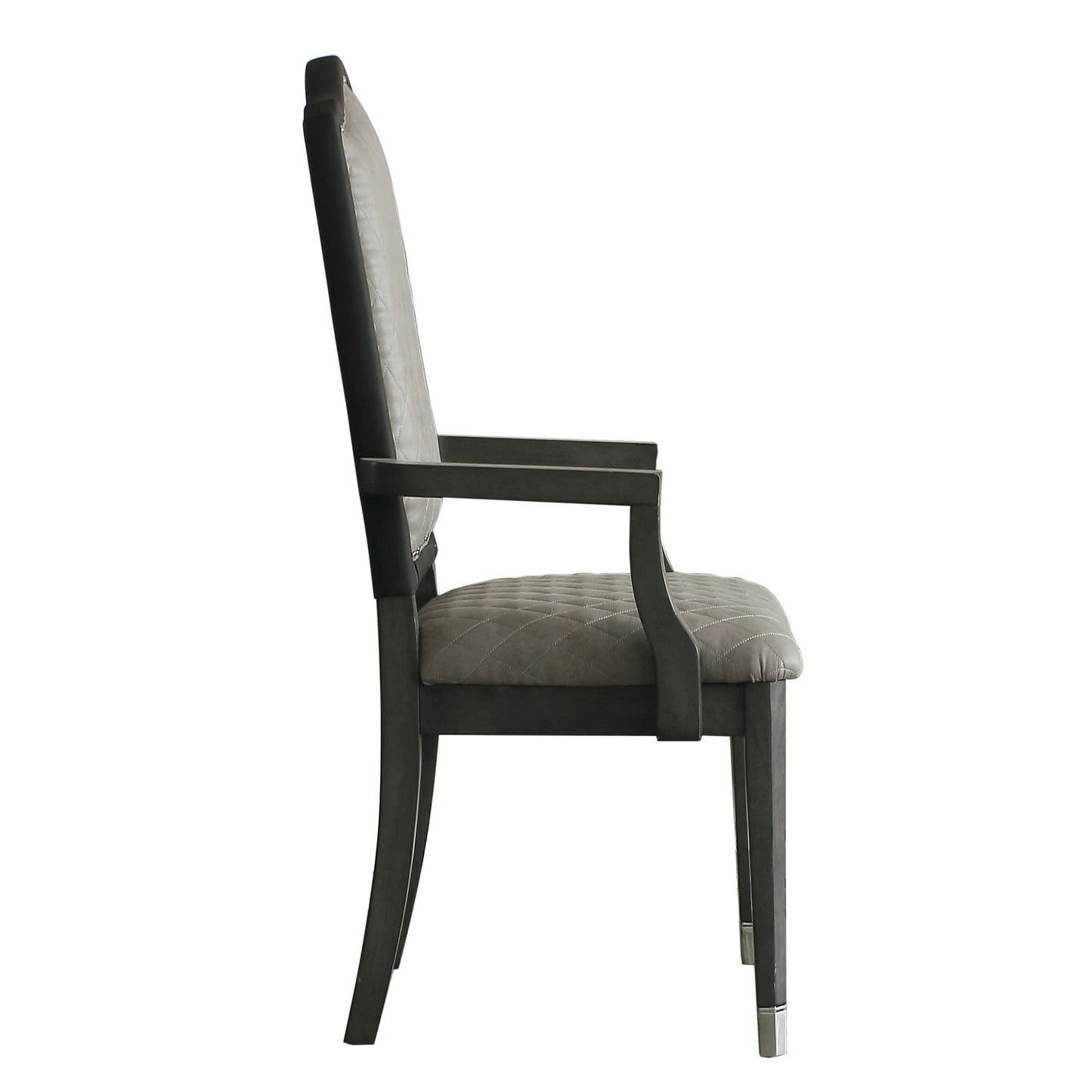 Tufted grey upholstered dining chair with dark wood frame and metal accents
