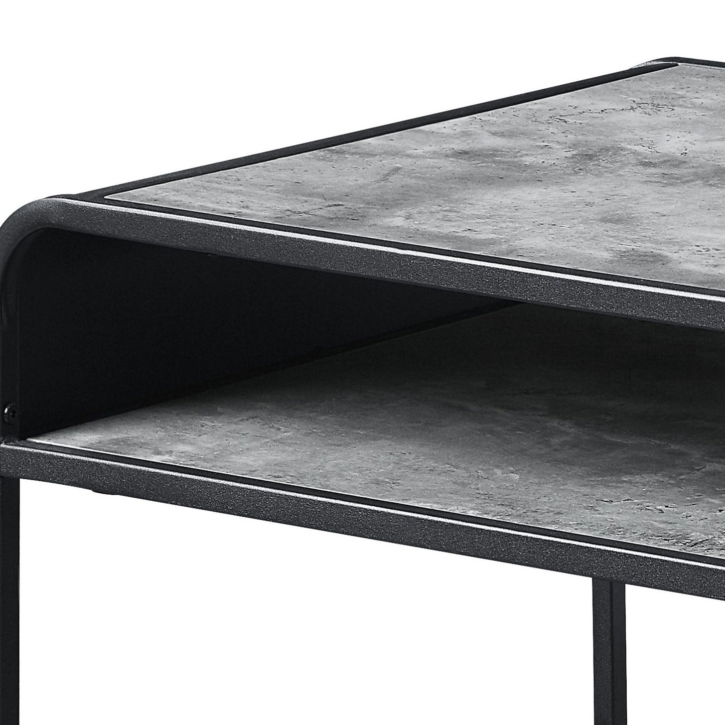 Industrial style entertainment center with a faux concrete top and black metal frame