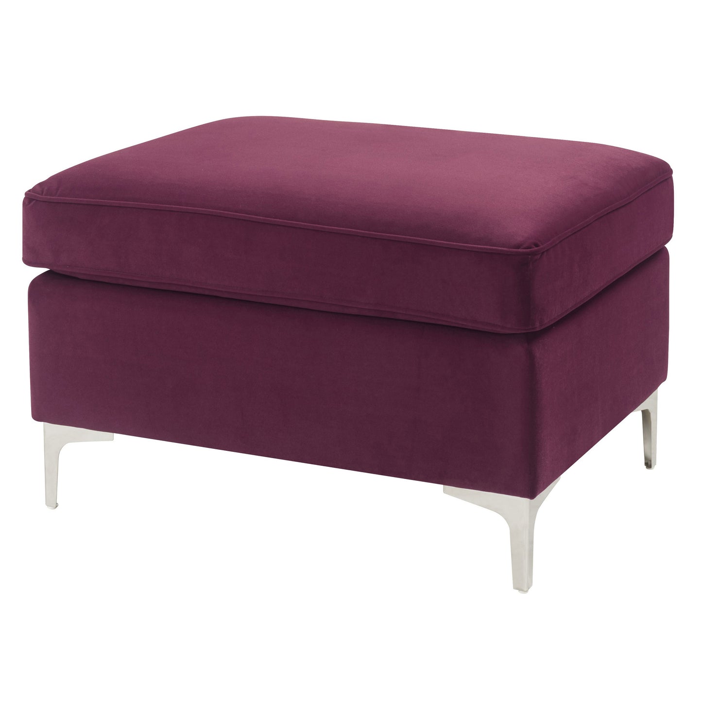 Plush velvet ottoman in deep plum with silver metal legs perfect for footrest