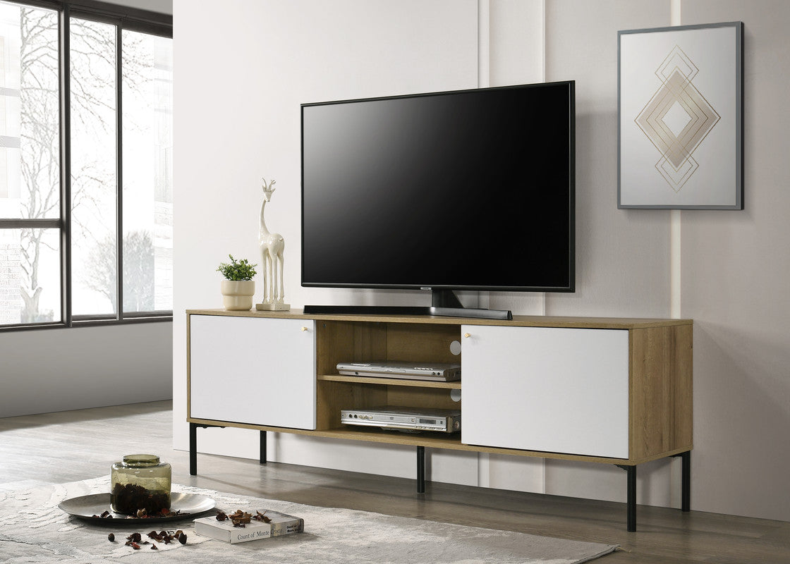 Midcentury modern entertainment center with white doors and wood grain finish