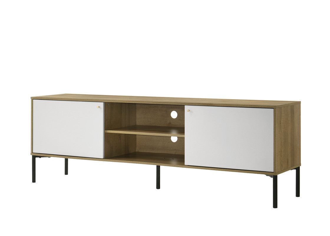 Modern oak and white media console with two doors and open shelving