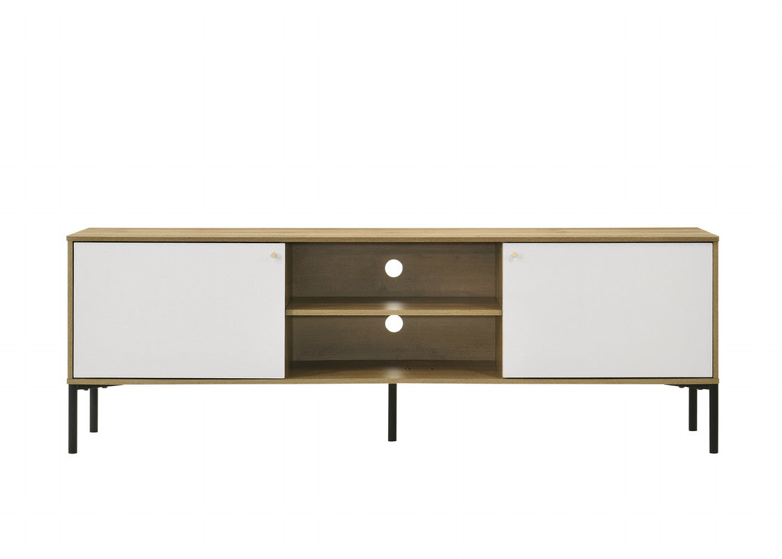 Modern oak and white media console with black metal legs