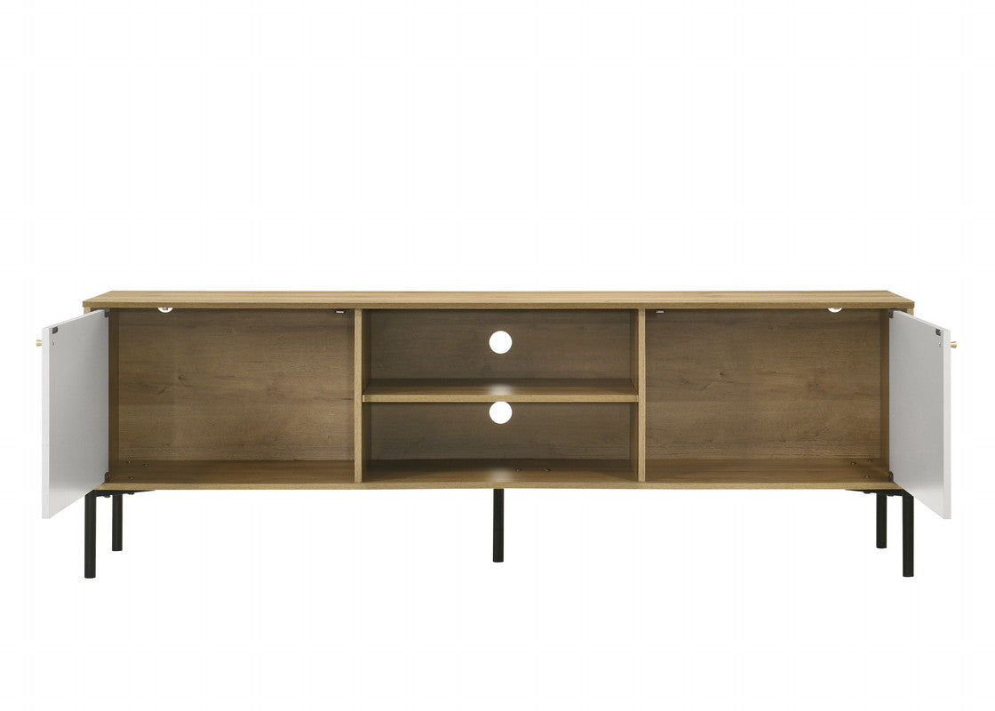 Open concept wood media console with white doors and black legs