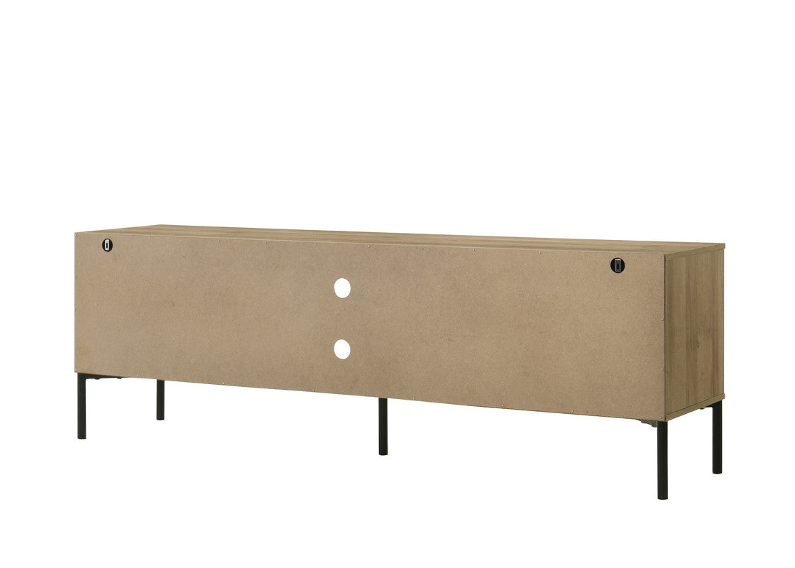 Back view of a modern media console with cable management holes and black metal legs