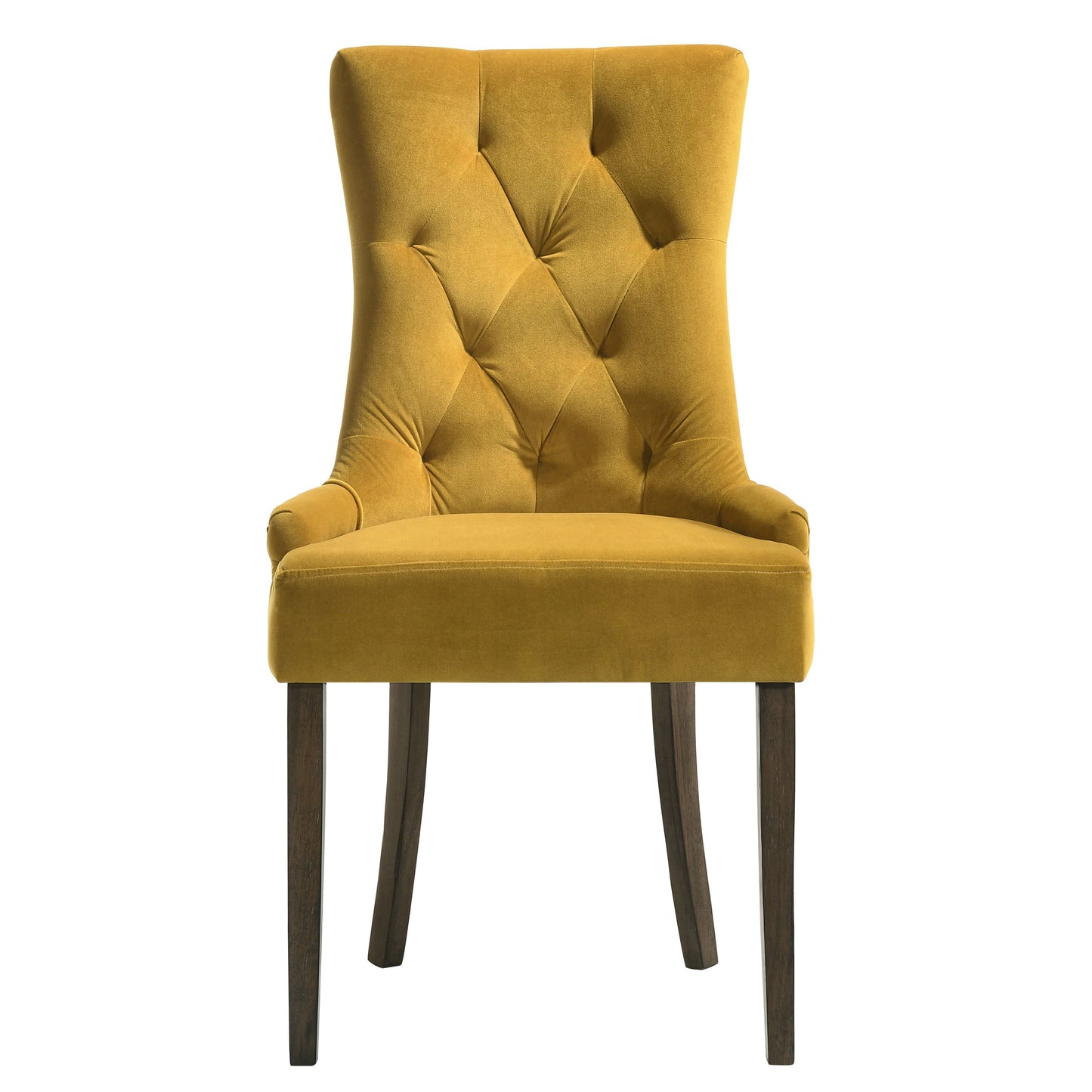 Golden velvet dining chair with tufted back and dark wood legs