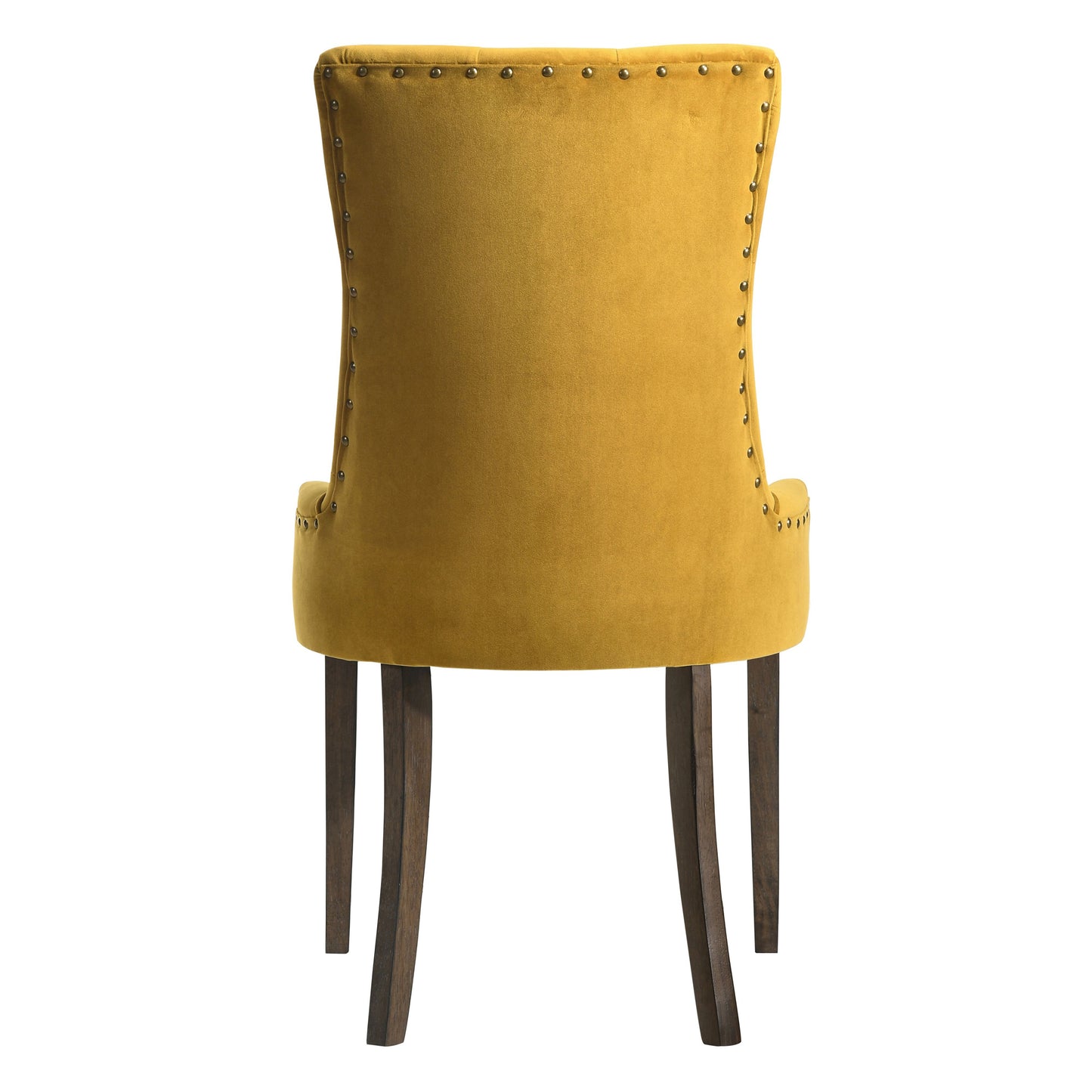 Tufted mustard velvet accent chair with brass nailhead trim and dark wood legs