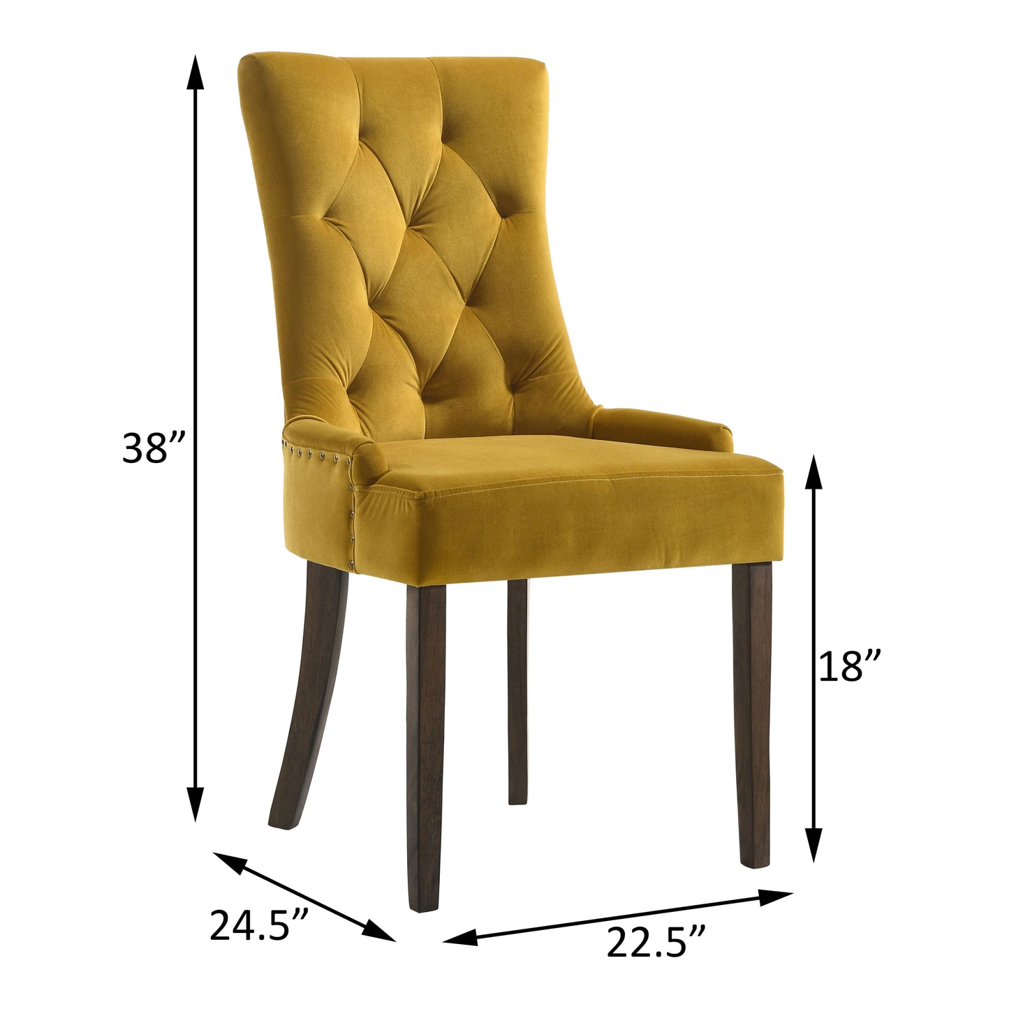 Tufted golden yellow velvet dining chair with nailhead trim and dark wood legs