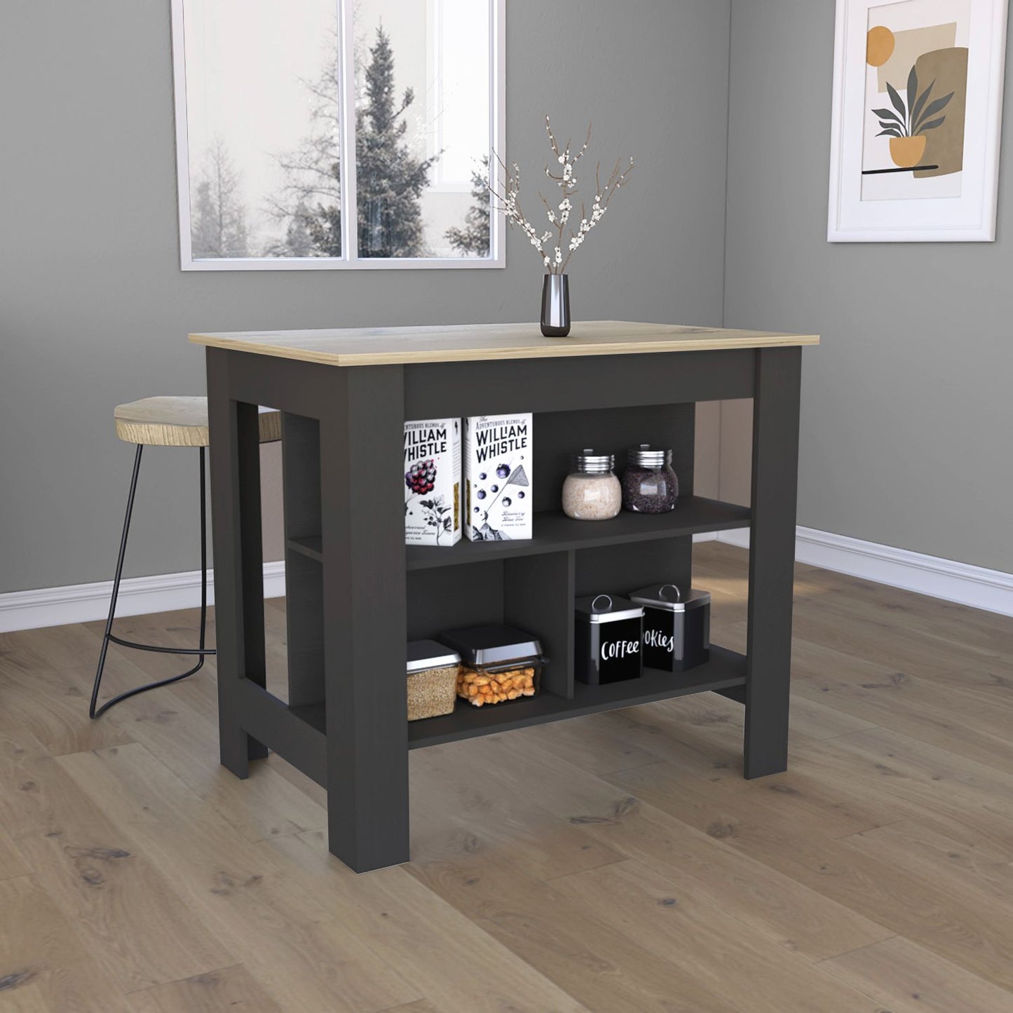 TREATLIFE HOME Kitchen Island with Spacious Top Surface and Three Open Storage Shelves, 35" Height, Black/Light Oak