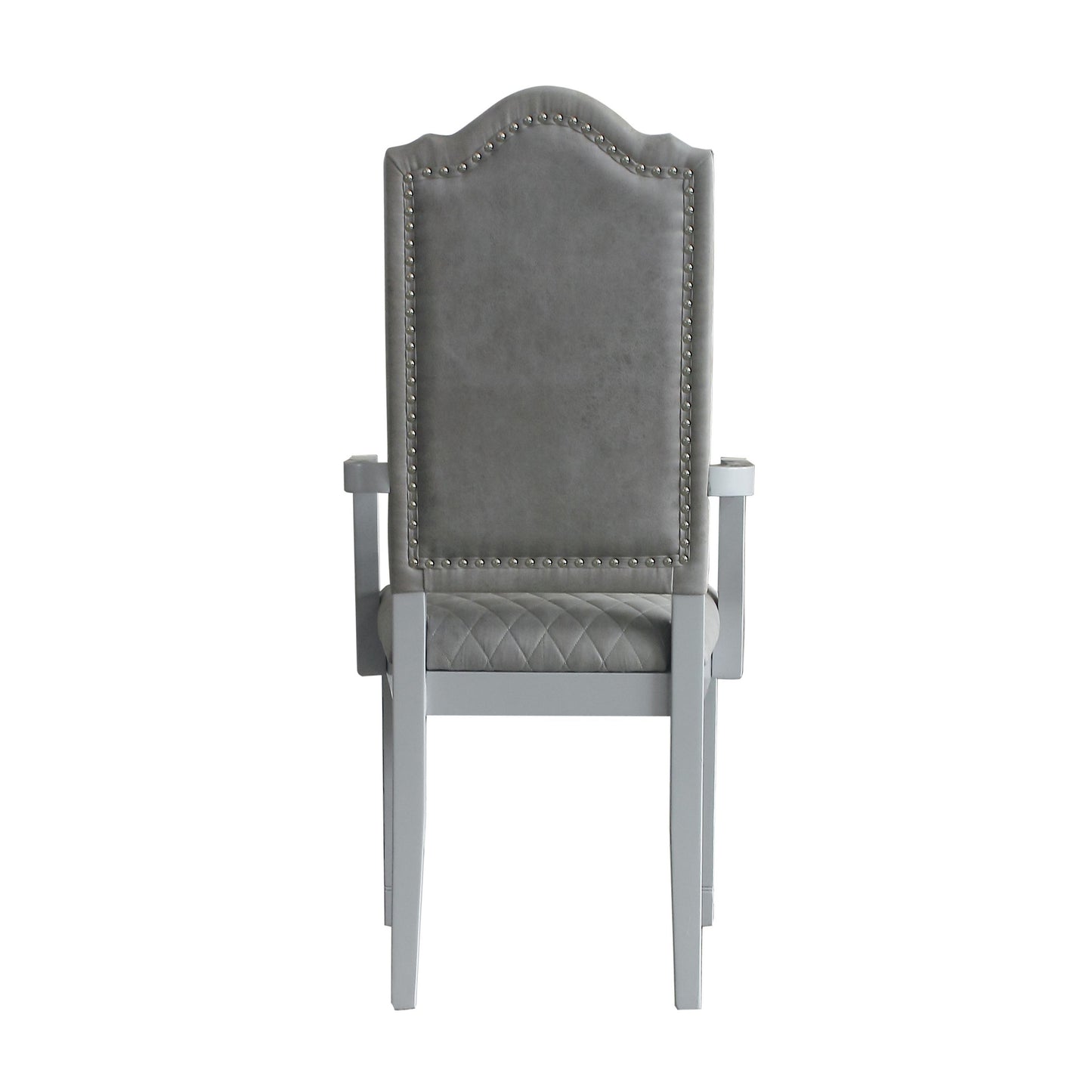 Tufted grey upholstered dining chair with silver nailhead trim and diamond tufted seat