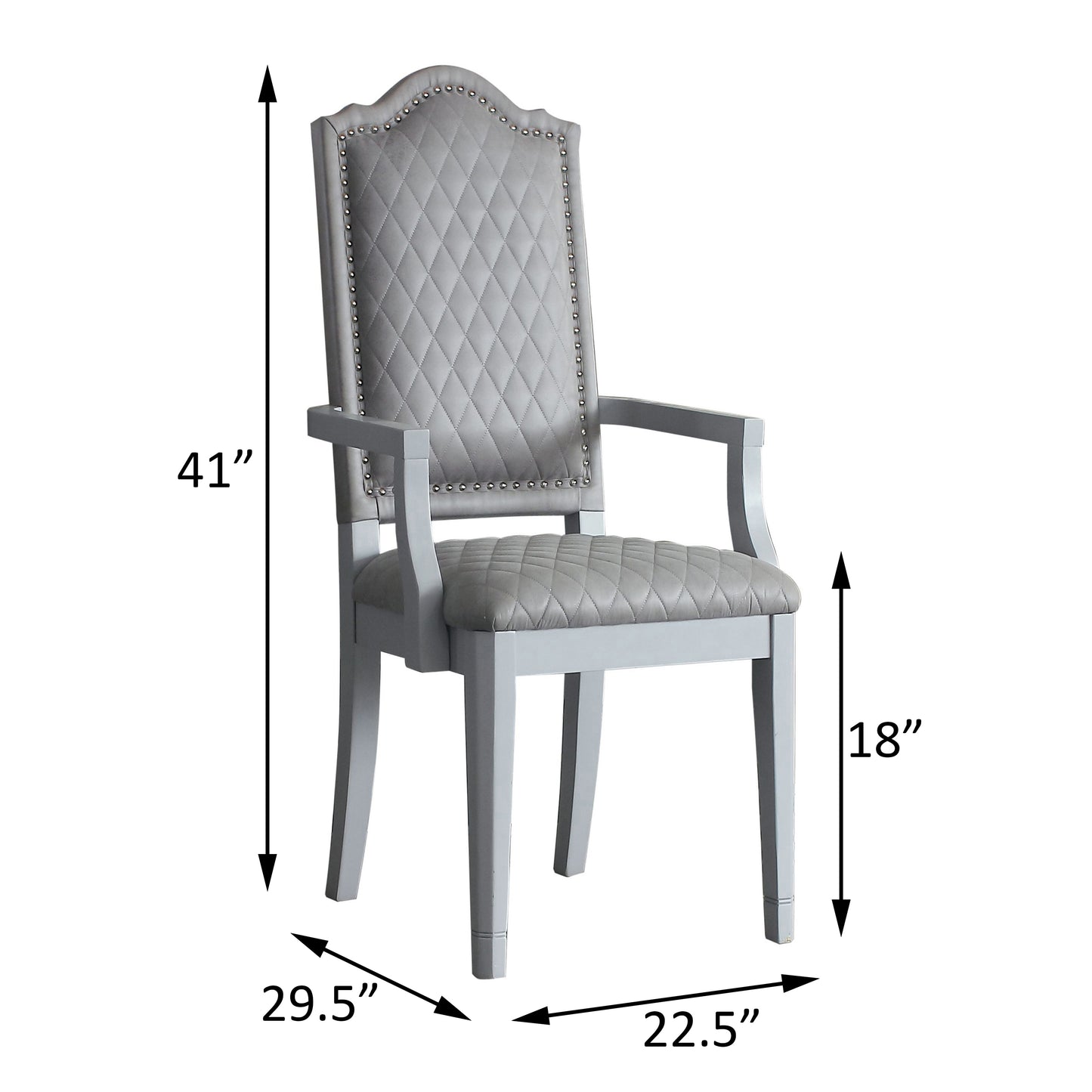Elegant grey upholstered dining chair with diamond tufting and nailhead trim accents
