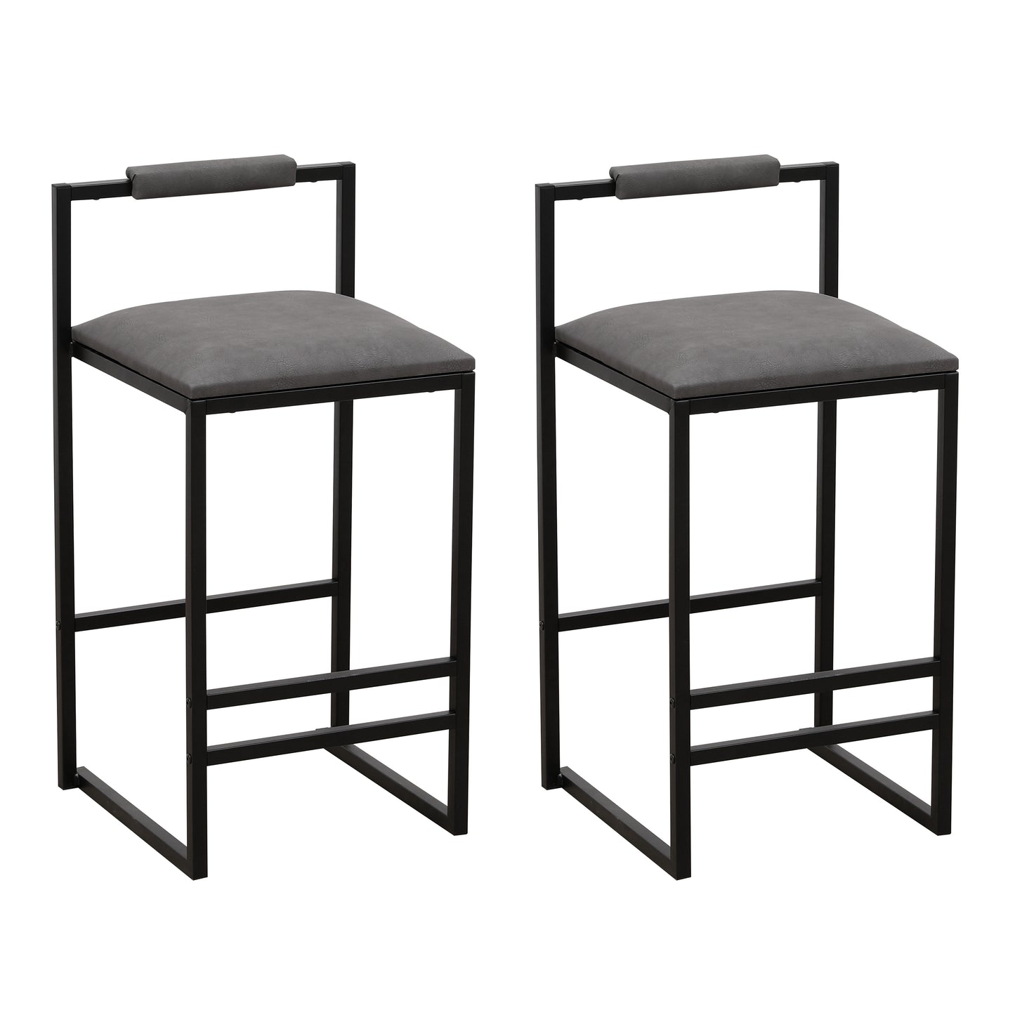 Pair of grey faux leather bar stools with black metal frames and backrests
