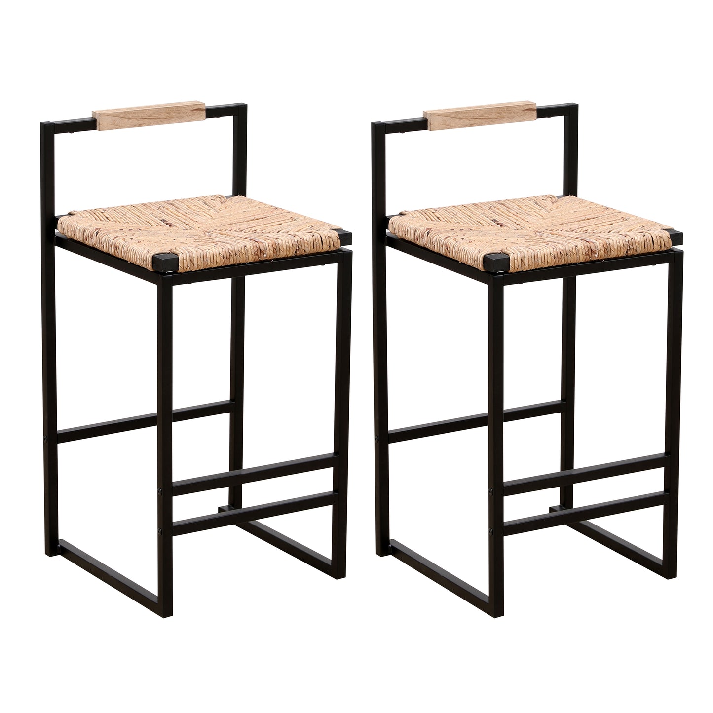 Two black metal frame bar stools with woven natural fiber seats and light wood accents