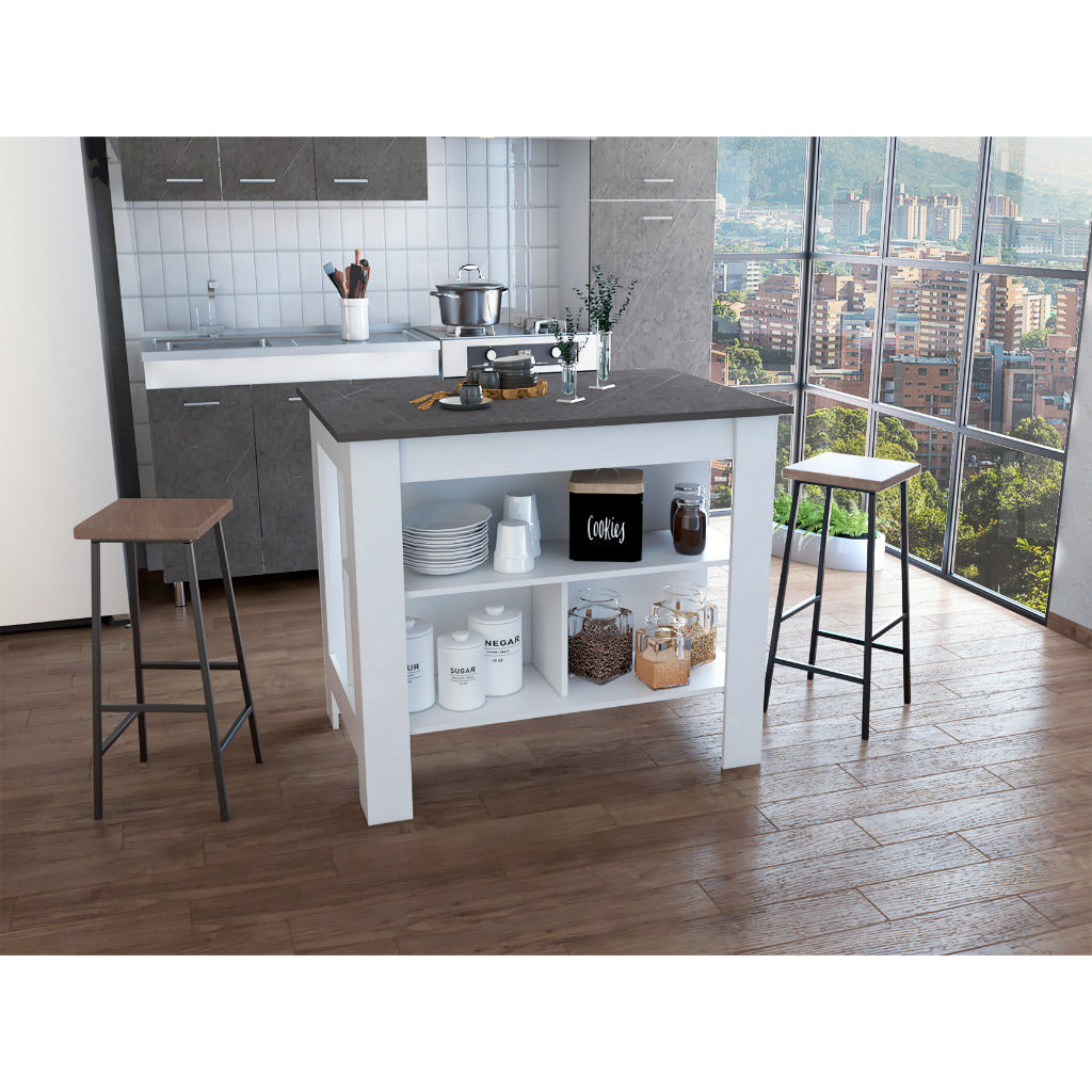 White kitchen island with dark countertop and two bar stools