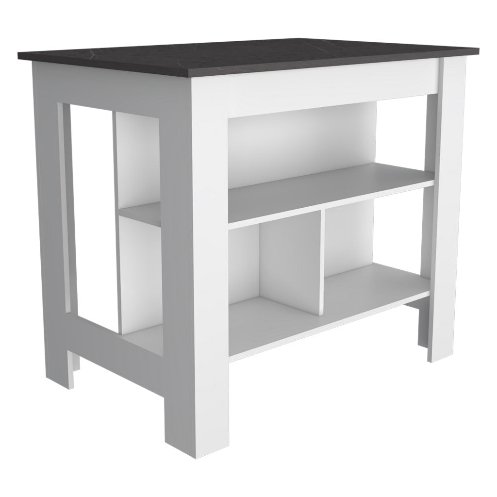 White kitchen island with black granite countertop and open shelving