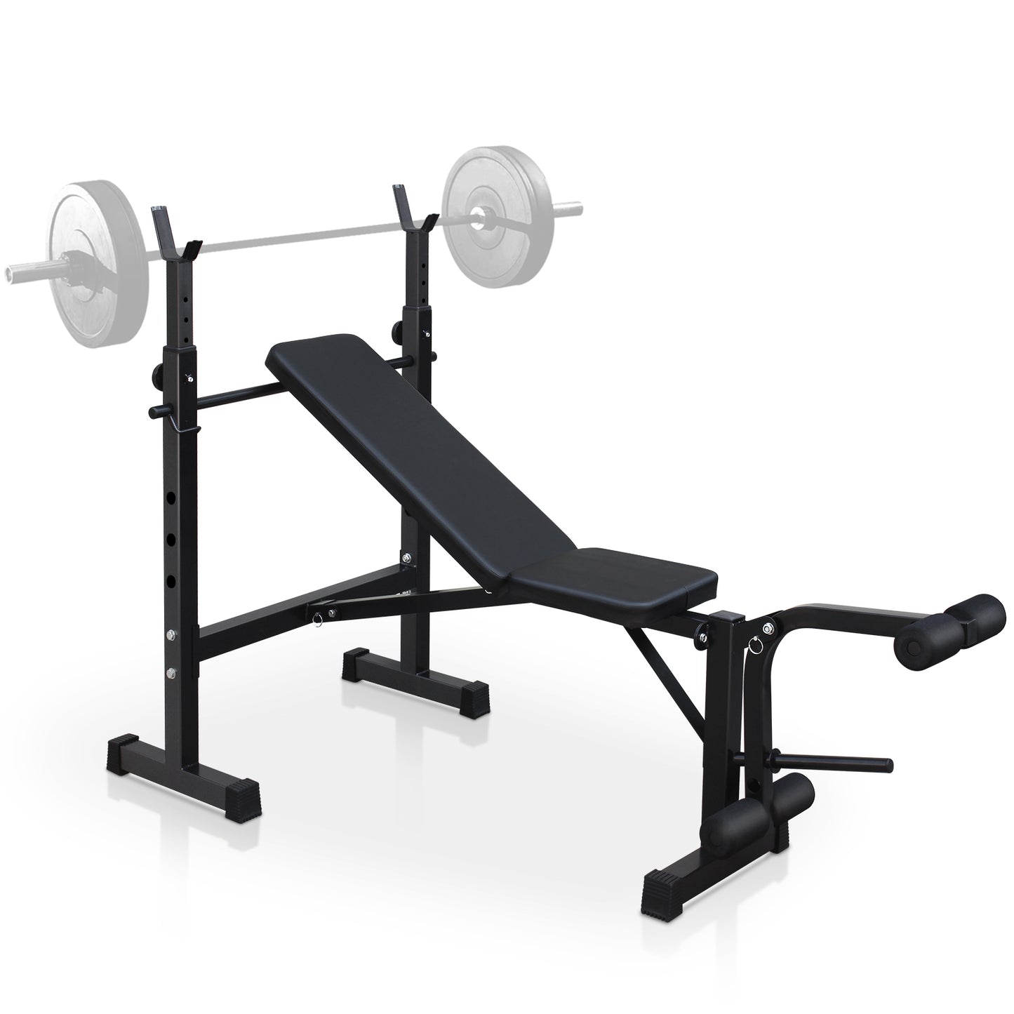 Black adjustable weight bench with padded seat and leg curl attachment