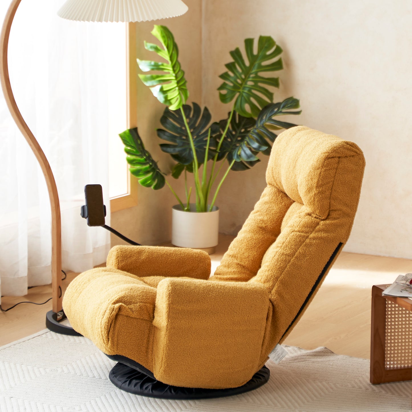 Plush mustard yellow swivel recliner chair with textured fabric and adjustable headrest