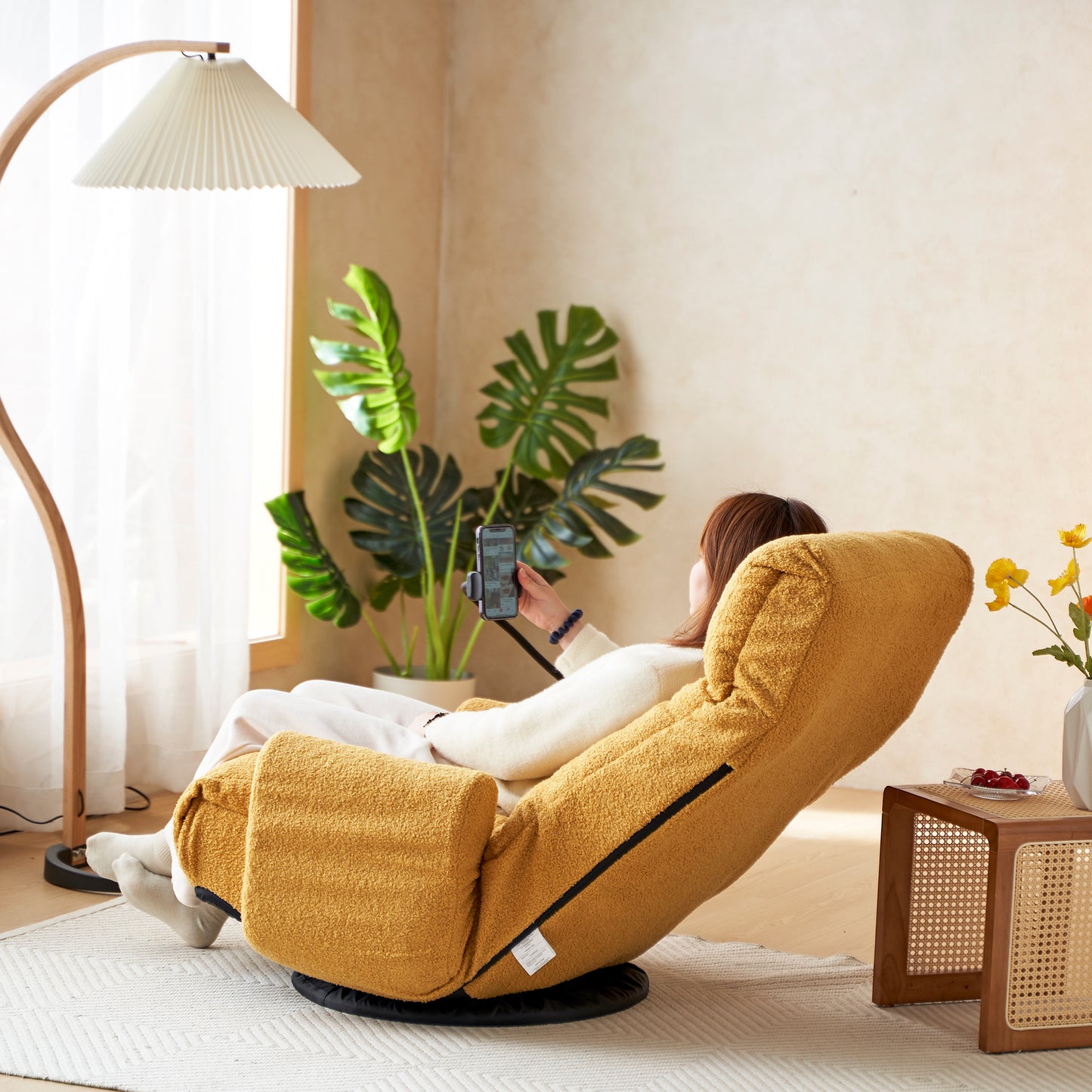 Cozy yellow teddy fabric armchair with a reclined posture perfect for relaxation