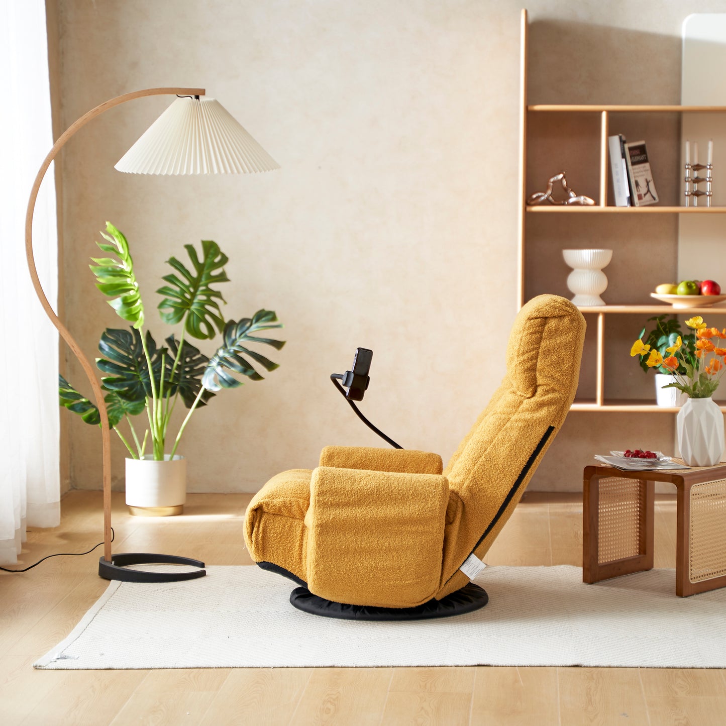 Plush mustard yellow recliner chair with swivel base perfect for ultimate relaxation
