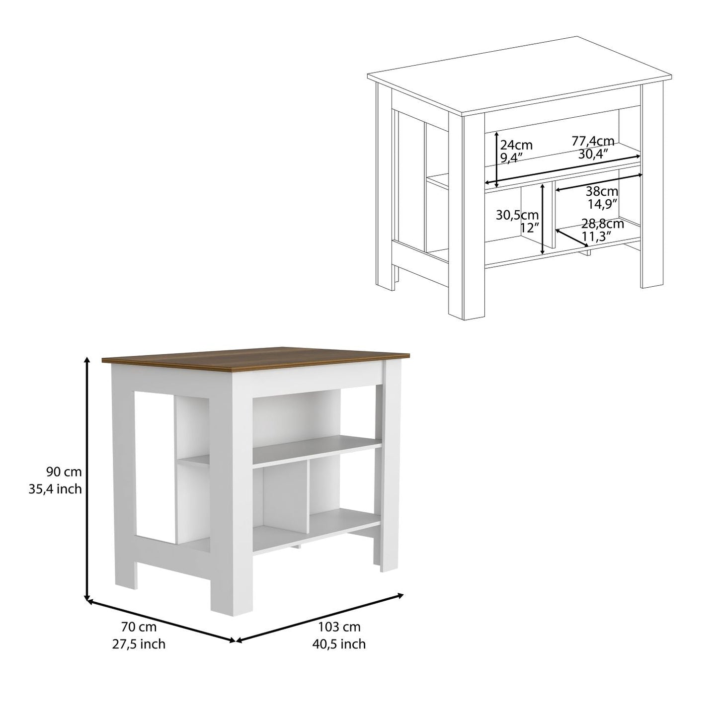 White and wood kitchen island with open shelving