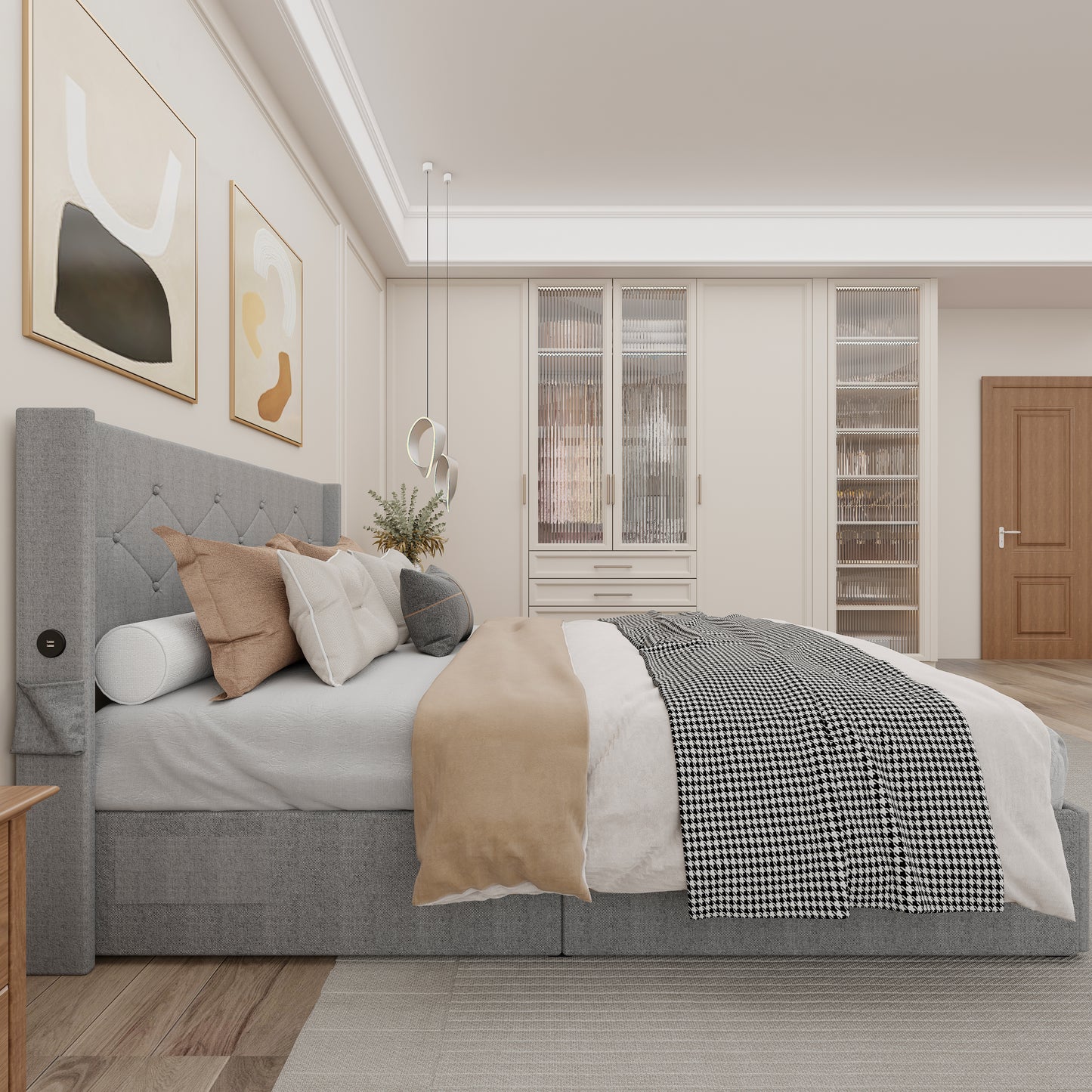 Tufted grey fabric bed frame with builtin USB charging ports and attached nightstand