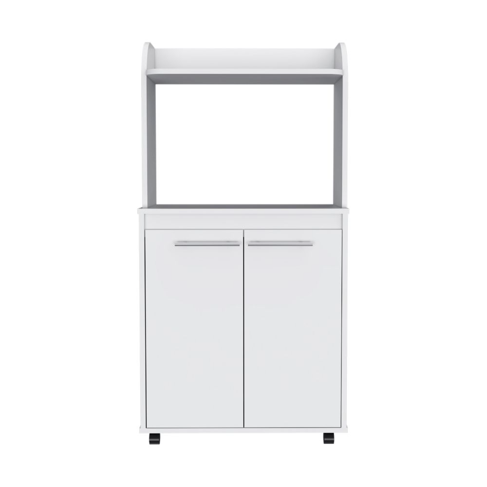 White mobile kitchen cart with double doors and a top shelf