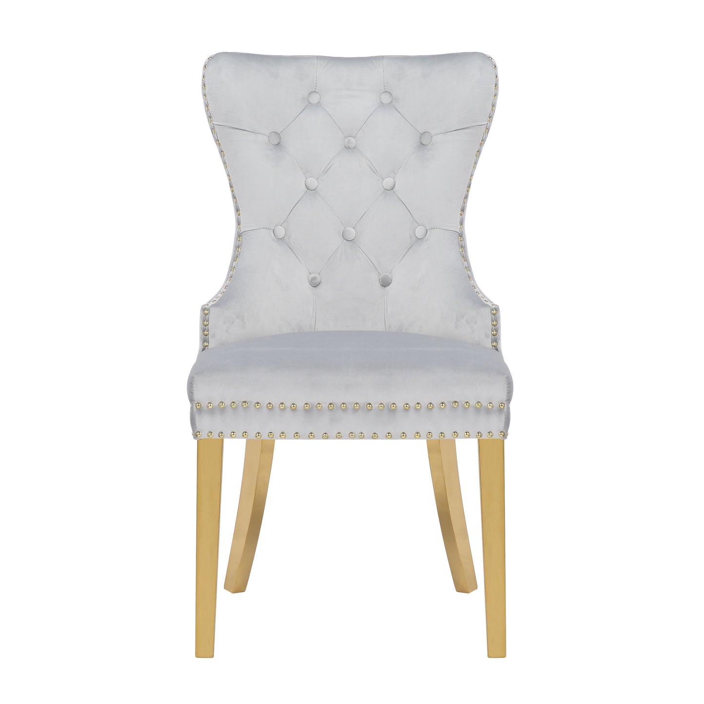 Light grey velvet dining chair with diamond tufting and gold nailhead trim