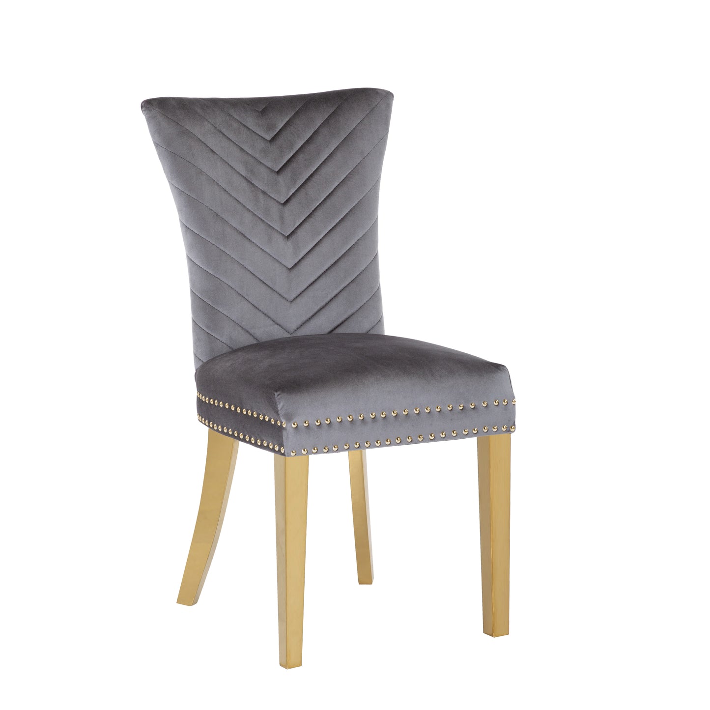 Grey velvet dining chair with chevron stitch and brass nailhead trim gold legs