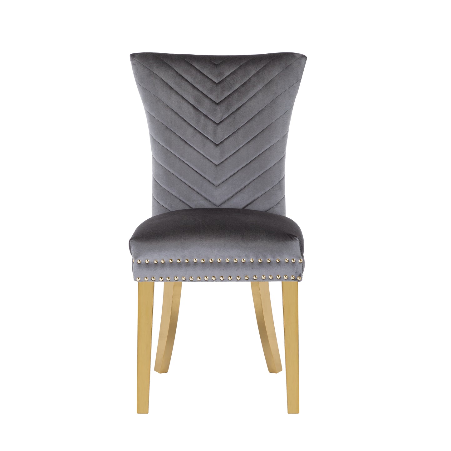 Elegant grey velvet dining chair with chevron backrest and gold nailhead trim