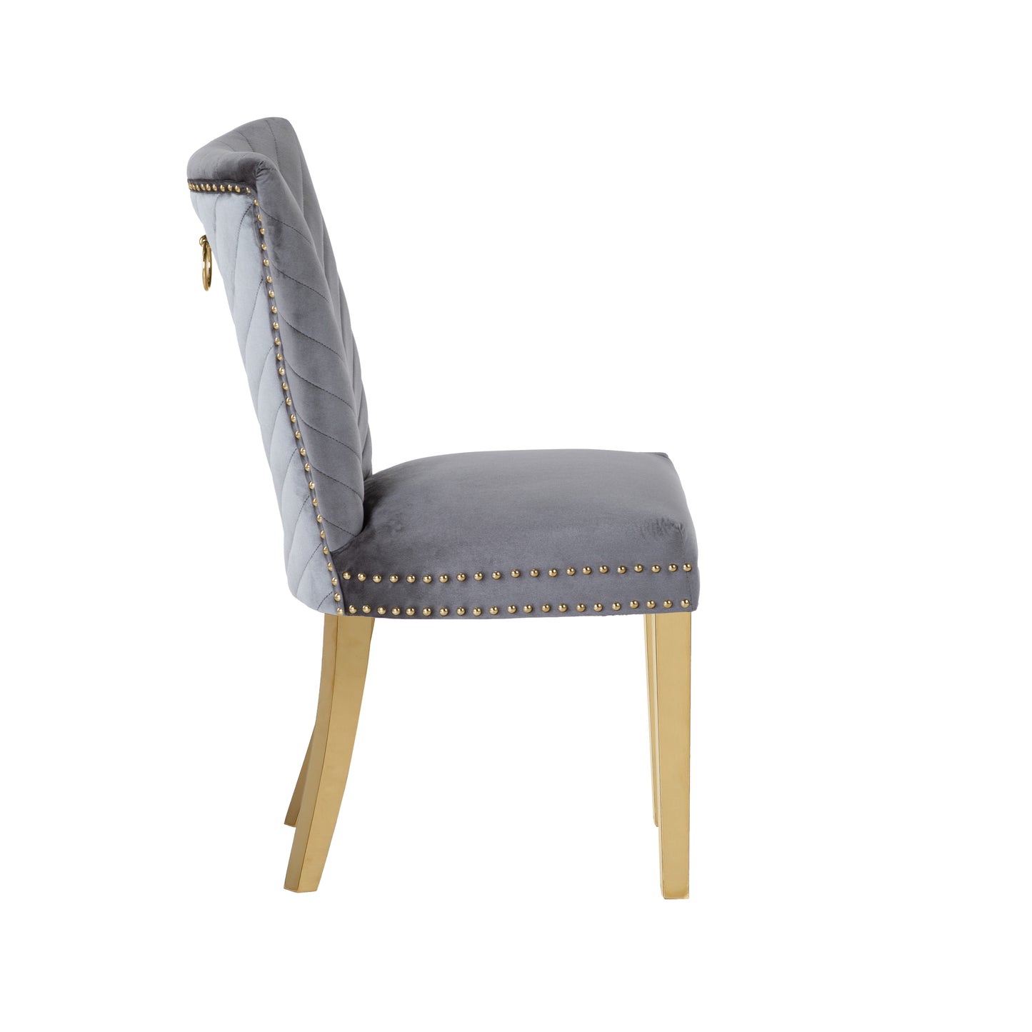 Elegant grey velvet dining chair with gold studded trim and modern brass legs