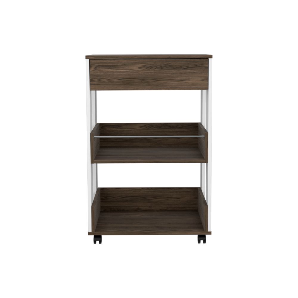 Dark wood rolling cart with three shelves and a white frame