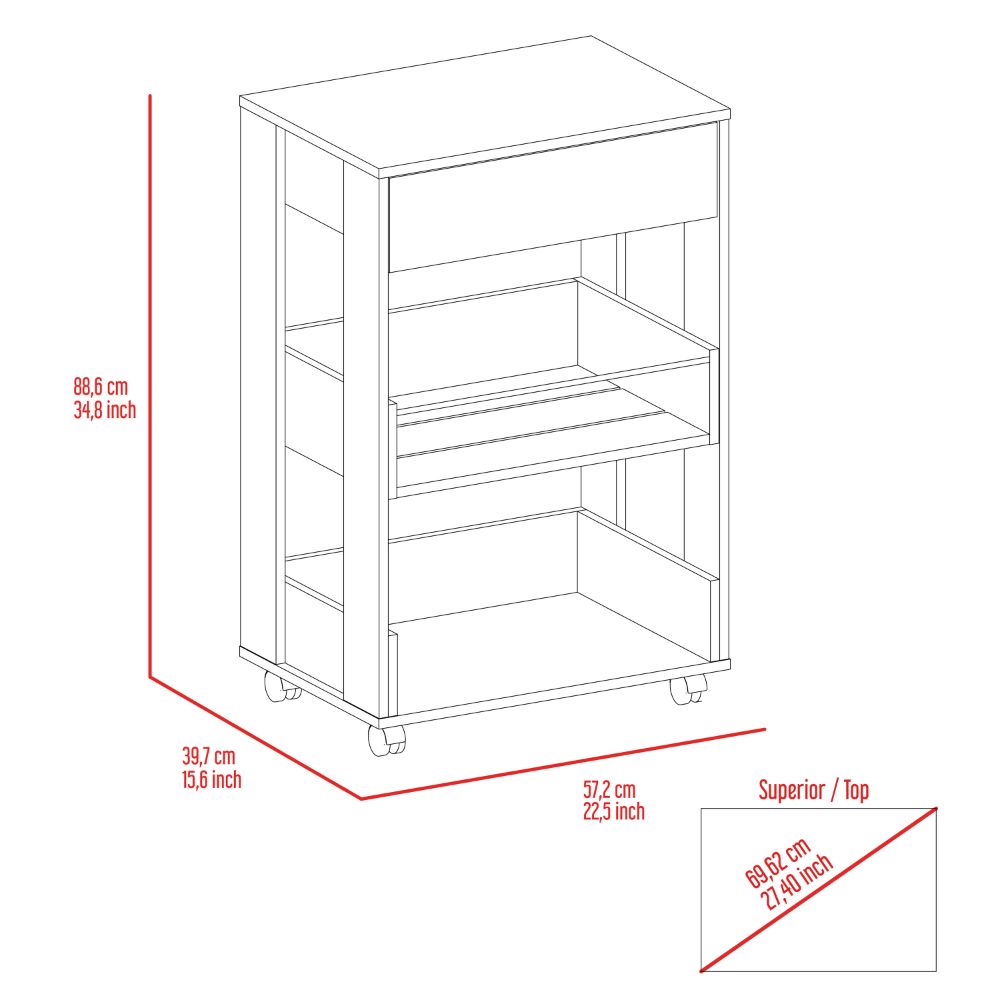White rolling kitchen cart with three open shelves and a top drawer