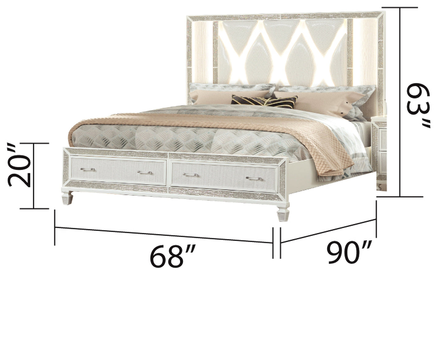 Modern white platform bed frame with crystalembellished headboard and integrated lighting