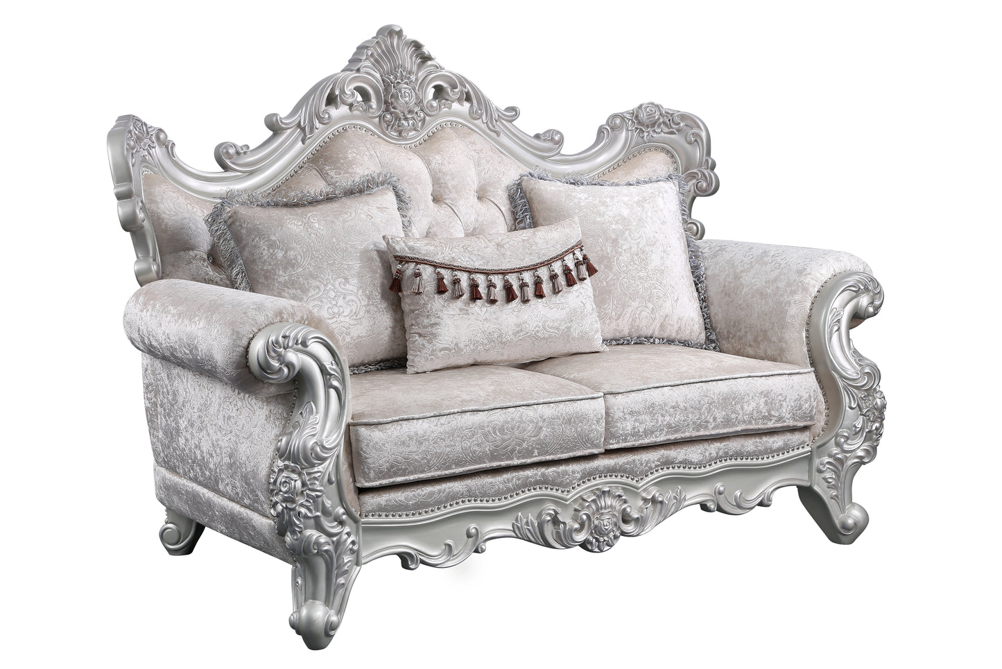 Luxury ornate sofa in silvertone with intricately carved wood trim and damask upholstery