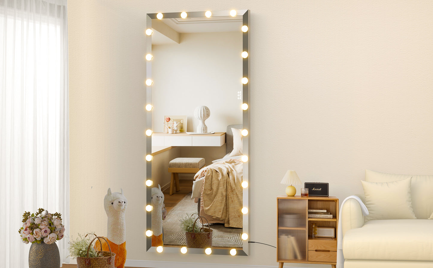 Fulllength silver makeup mirror with LED lights for vanity