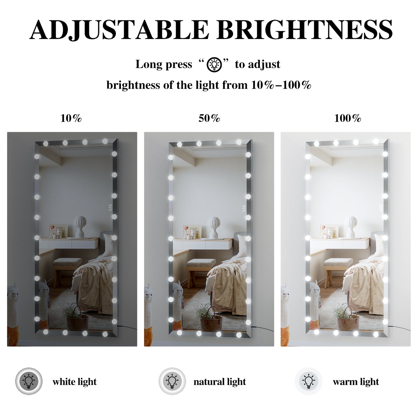 Hollywood vanity mirror with adjustable brightness