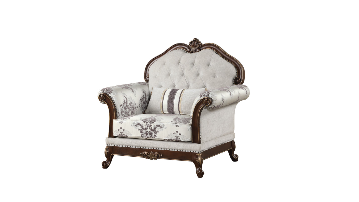 Traditional armchair with tufted back ornate wood trim and damask fabric seat