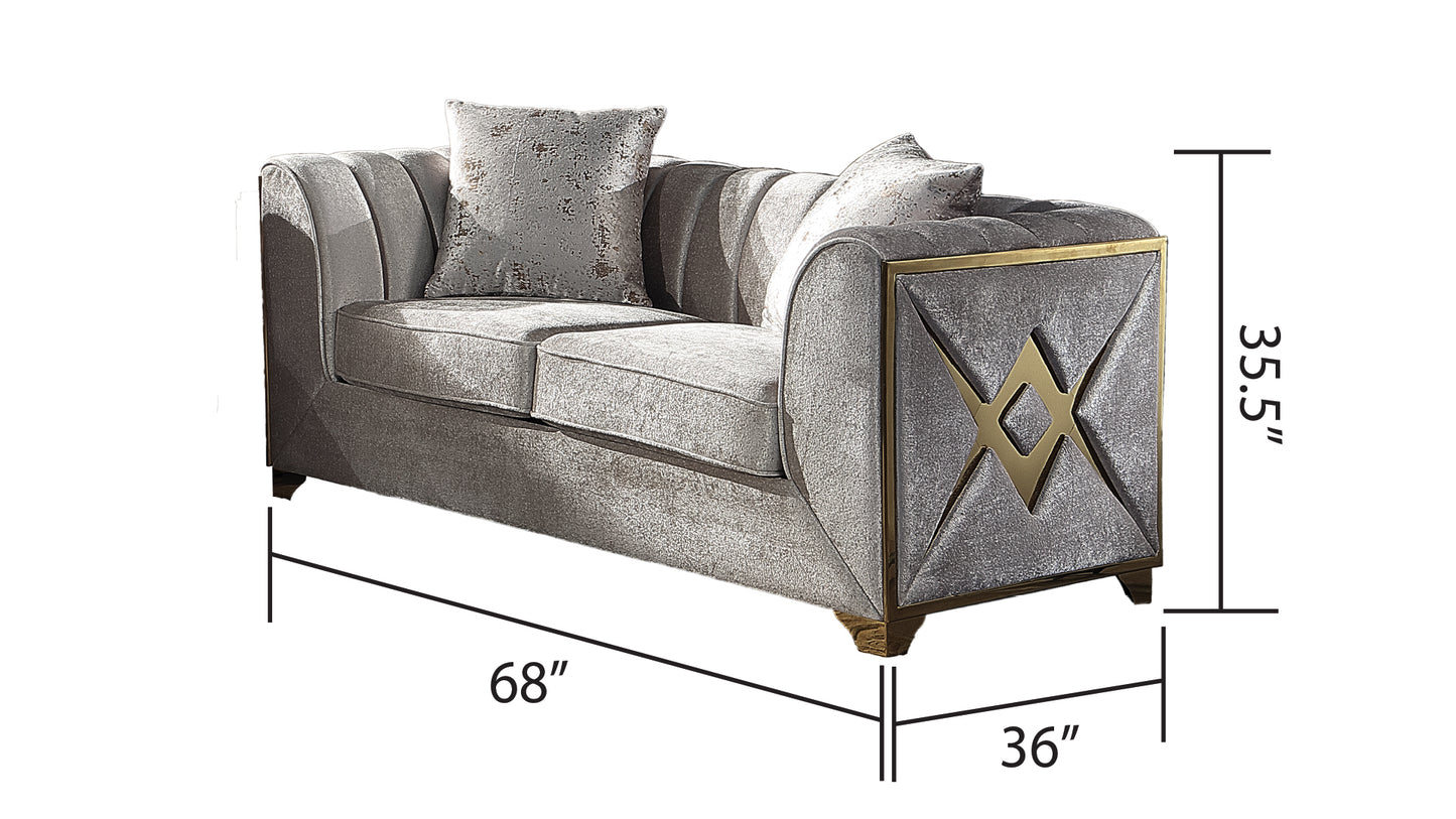 Modern gray velvet sofa with gold accents and plush cushions inches wide