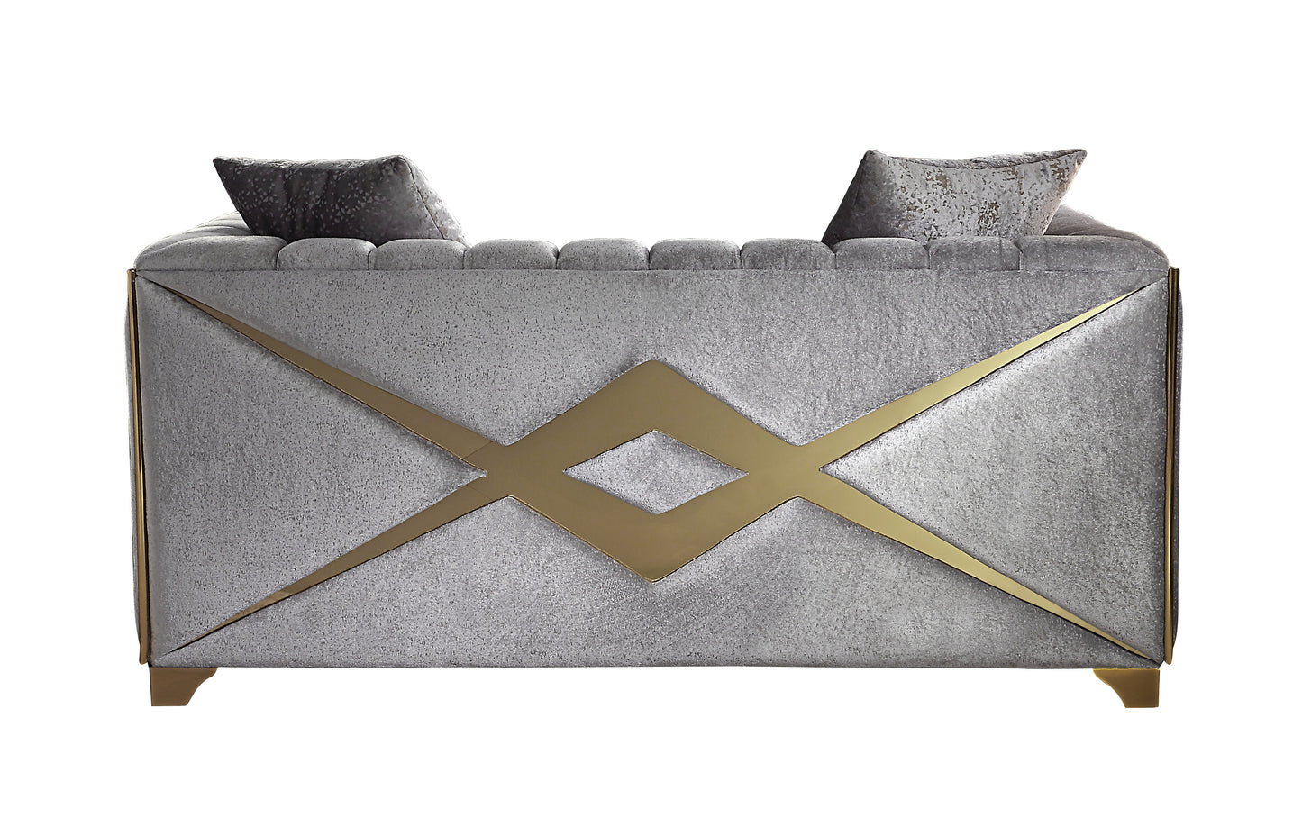 Gray velvet sofa with gold geometric accent and tufted backrest