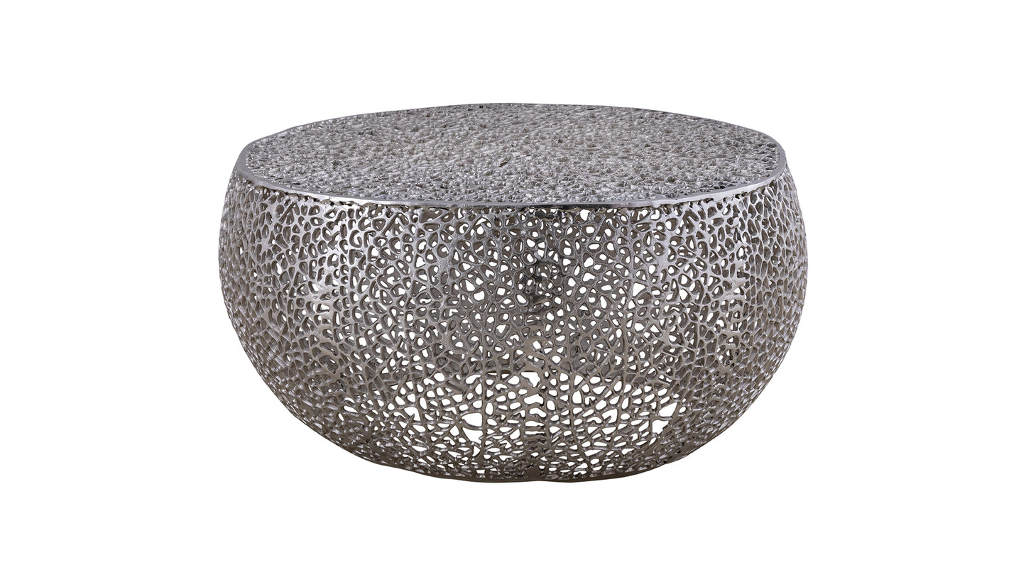 Ornate silver round metal coffee table with intricate cutout design