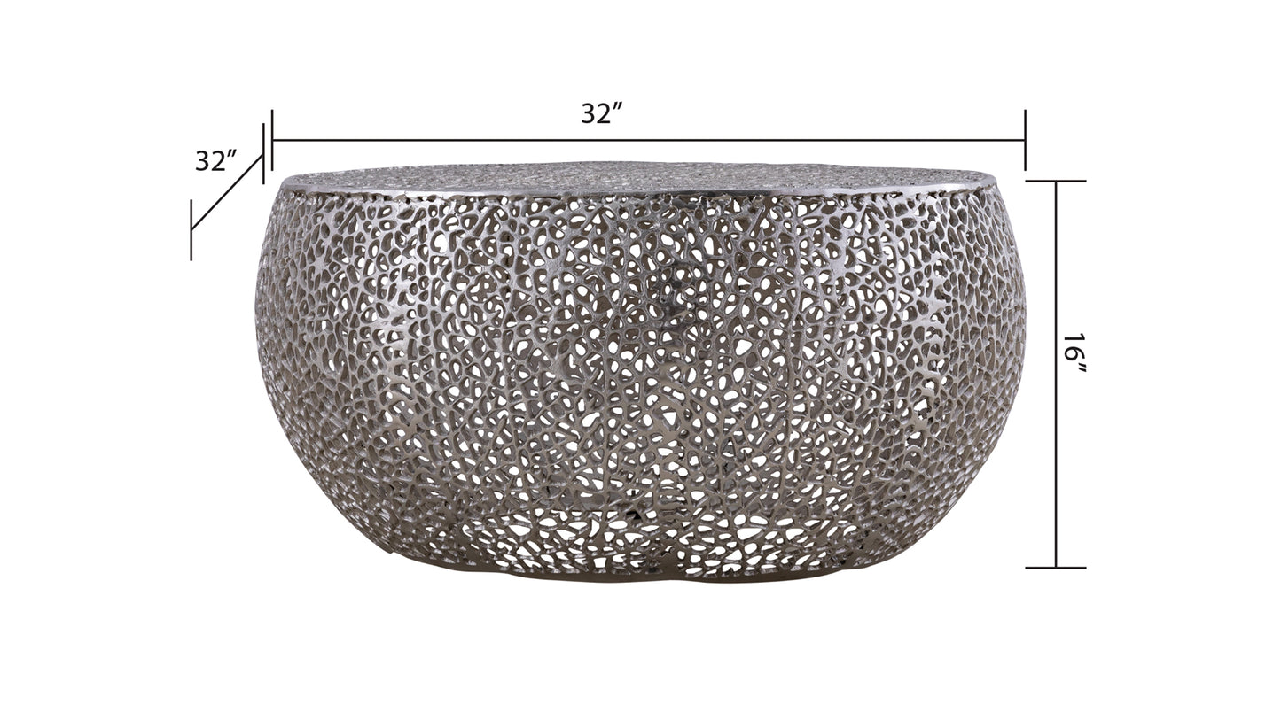 Decorative silver metallic accent table with an intricate cutout design inch diameter