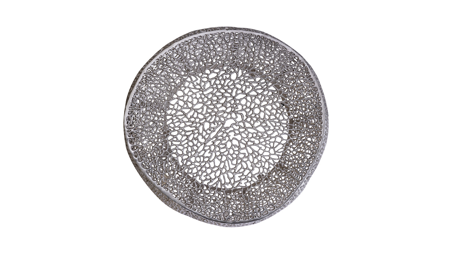 Silver metal decorative bowl with intricate cutout pattern