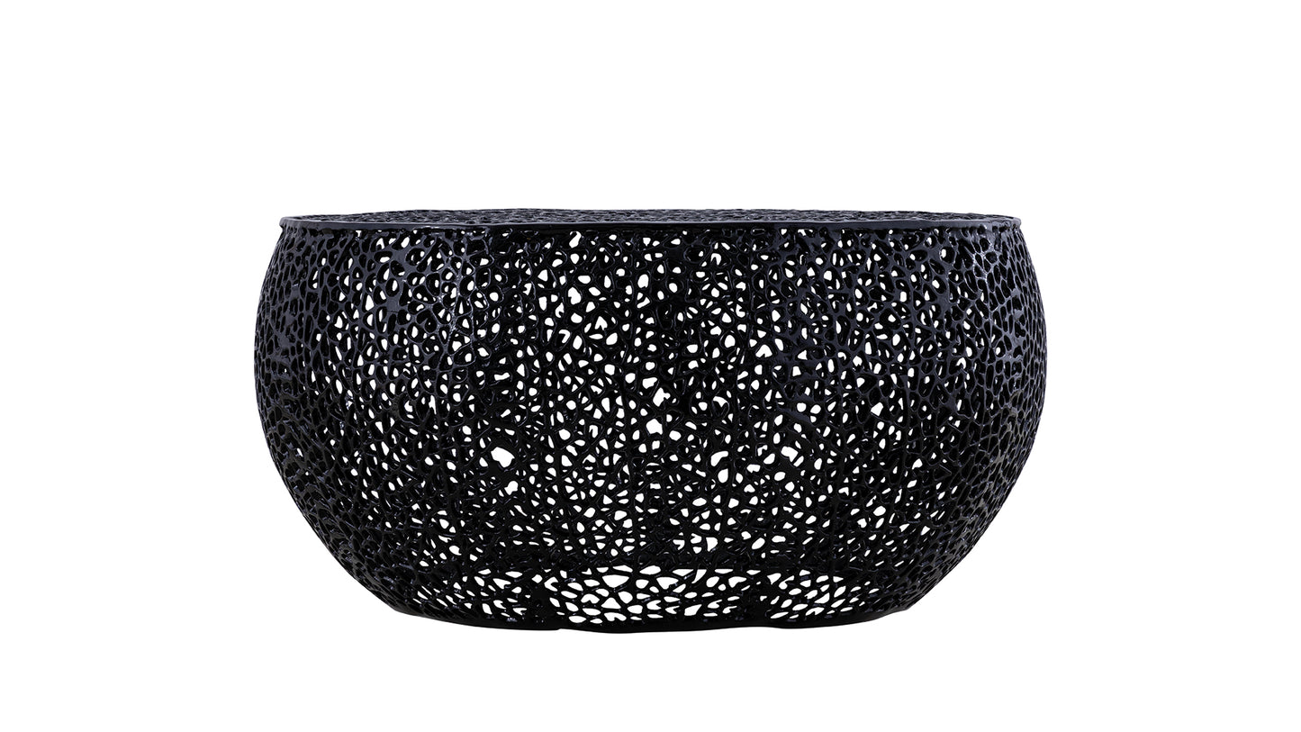 Black textured orb accent table with open organic lattice design