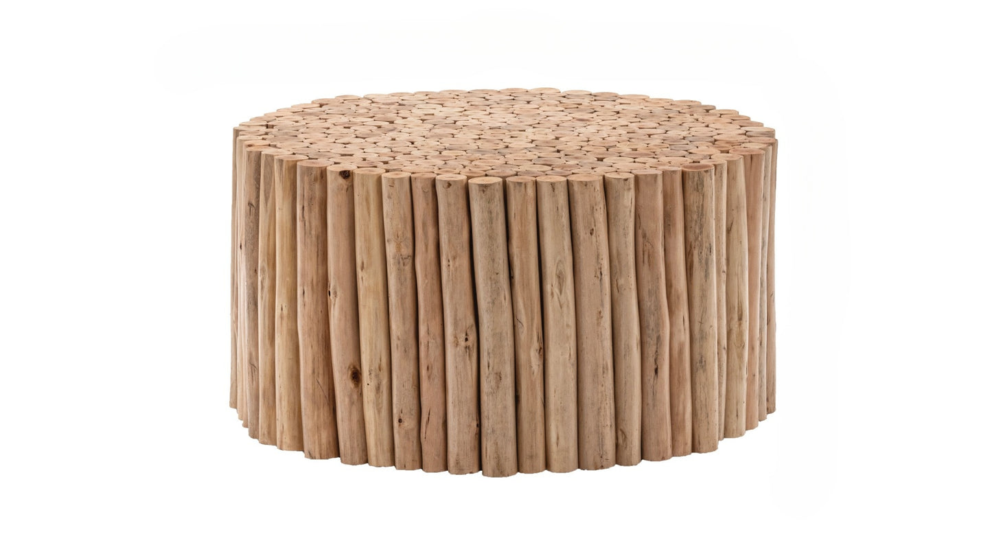 Rustic round wooden side table with natural driftwood log construction